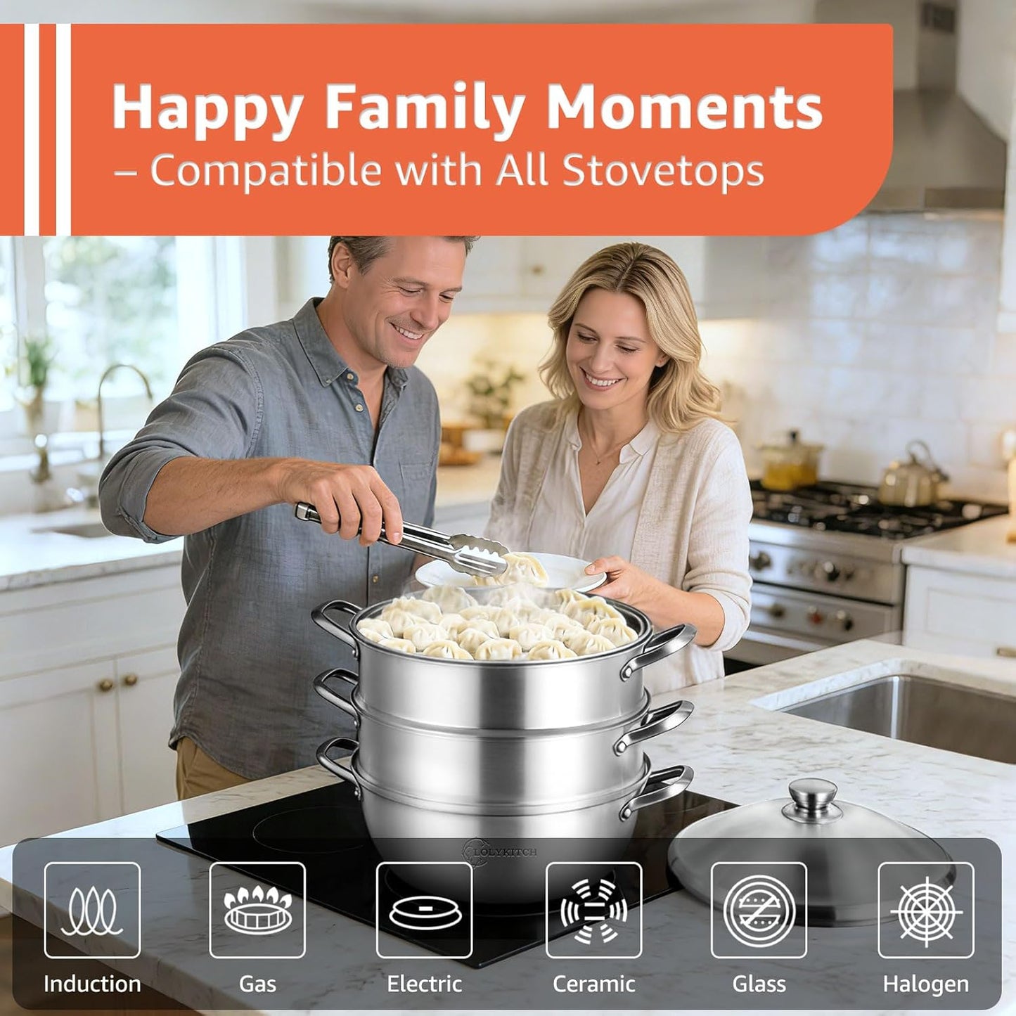 LOLYKITCH 8-Quart/ 30CM Stainless Steel Steamer Pot - 3 Tier Steamer for Cooking Dumplings & Veggies, 12 Inch Large Induction Stock Pot for All Stovetops, Heavy Duty