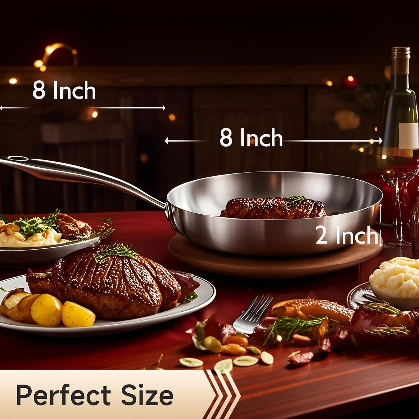 LOLYKITCH 8 Inch Tri-ply Stainless Steel Frying Pan with Lid,Small Skillet,Induction Cooking Pan,Dishwasher and Oven Safe,Riveted Handle.