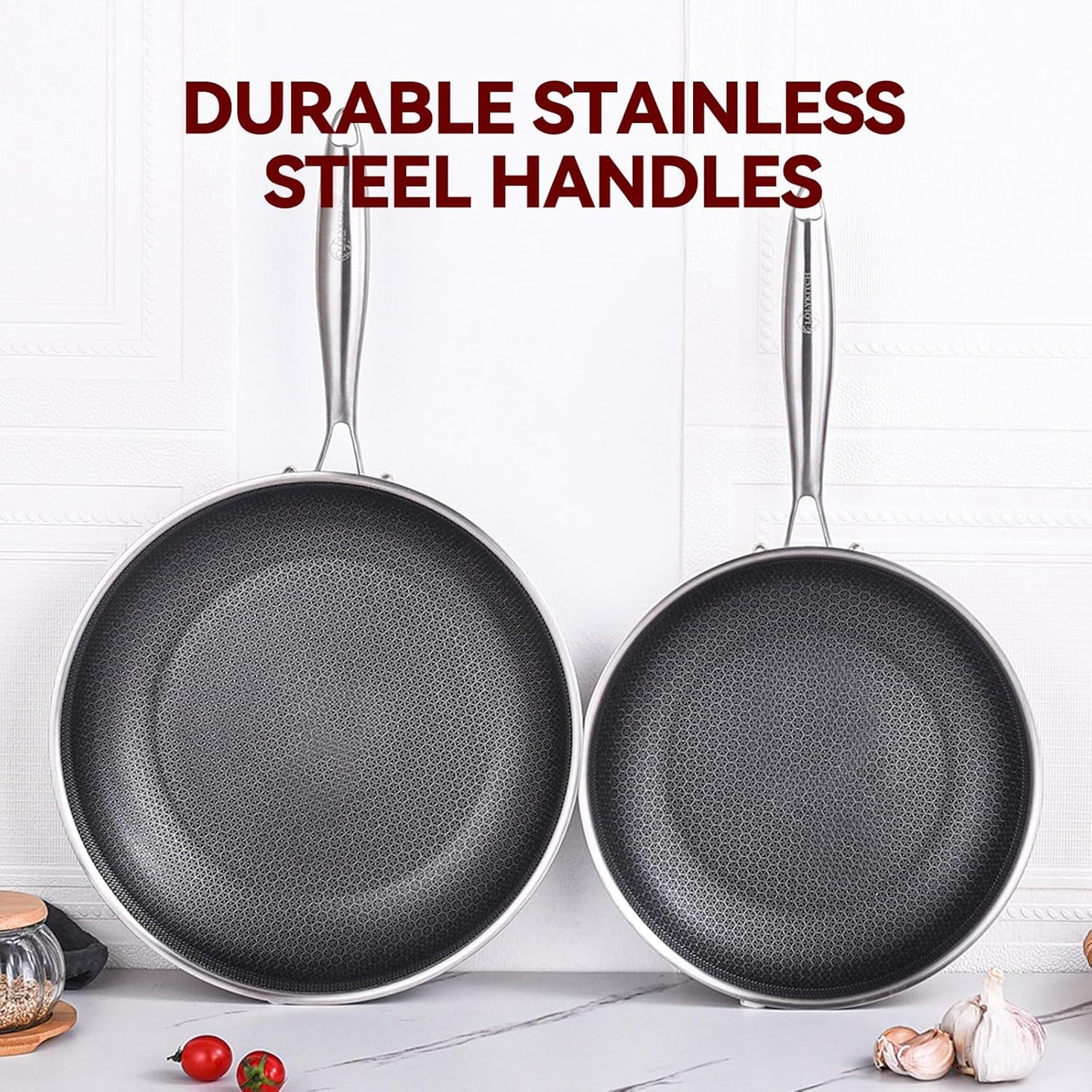 LOLYKITCH 10-12 Inch Tri-ply Hybrid Nonstick Stainless Steel Sauté Pan with Lids,Deep Frying Pan Set,Skillets,Induction Pots and Pans,Heavy Duty and Oven Safe,Detachable Handle.