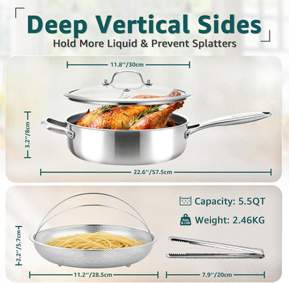 LOLYKITCH 5.5-Quart Hybrid Sauté Pan with Lid, 12-Inch Nonstick Deep Skillet with Fry Basket & Tongs, 3-ply Stainless Steel Large Frying Pan with Steam Insert, Works on All Cooktops