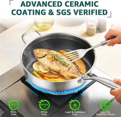 LOLYKITCH 5.5-Quart Hybrid Sauté Pan with Lid, 12-Inch Nonstick Deep Skillet with Fry Basket & Tongs, 3-ply Stainless Steel Large Frying Pan with Steam Insert, Works on All Cooktops