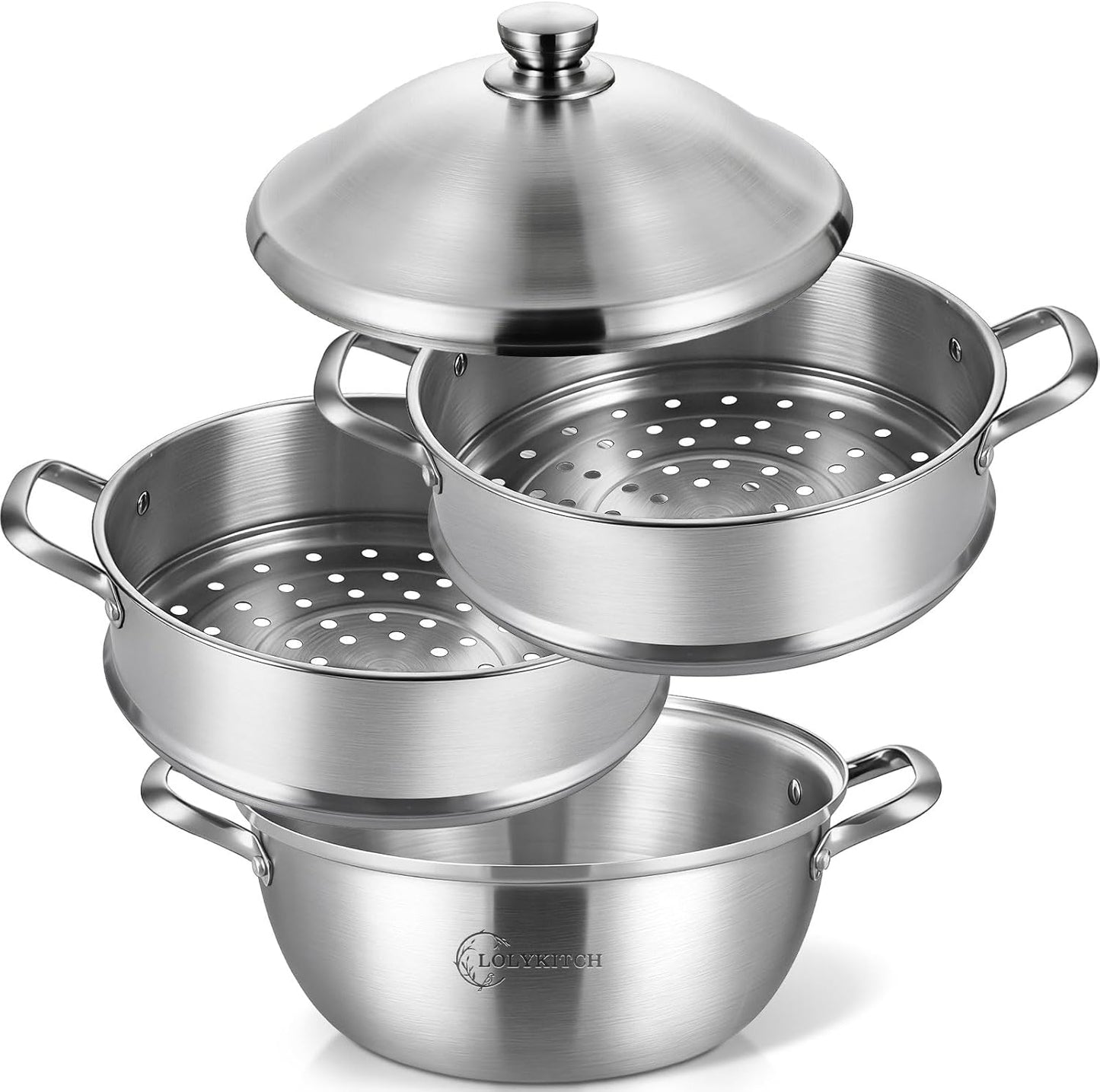 LOLYKITCH 8-Quart/ 30CM Stainless Steel Steamer Pot - 3 Tier Steamer for Cooking Dumplings & Veggies, 12 Inch Large Induction Stock Pot for All Stovetops, Heavy Duty