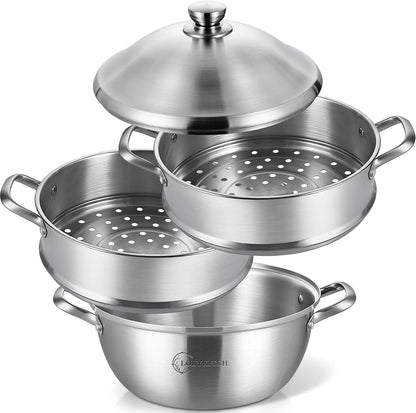 LOLYKITCH 8-Quart/ 30CM Stainless Steel Steamer Pot - 3 Tier Steamer for Cooking Dumplings & Veggies, 12 Inch Large Induction Stock Pot for All Stovetops, Heavy Duty
