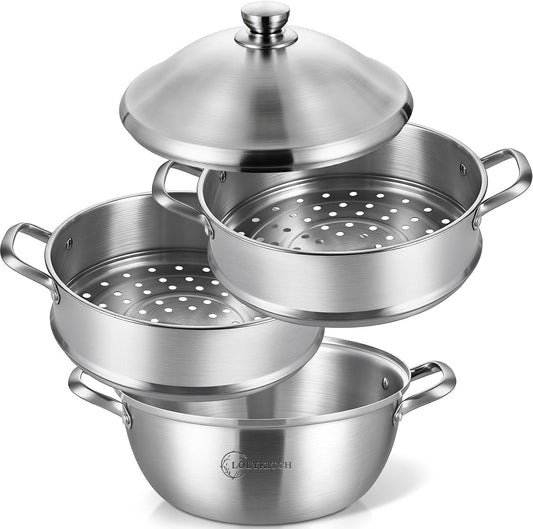 LOLYKITCH 8-Quart/ 30CM Stainless Steel Steamer Pot - 3 Tier Steamer for Cooking Dumplings & Veggies, 12 Inch Large Induction Stock Pot for All Stovetops, Heavy Duty