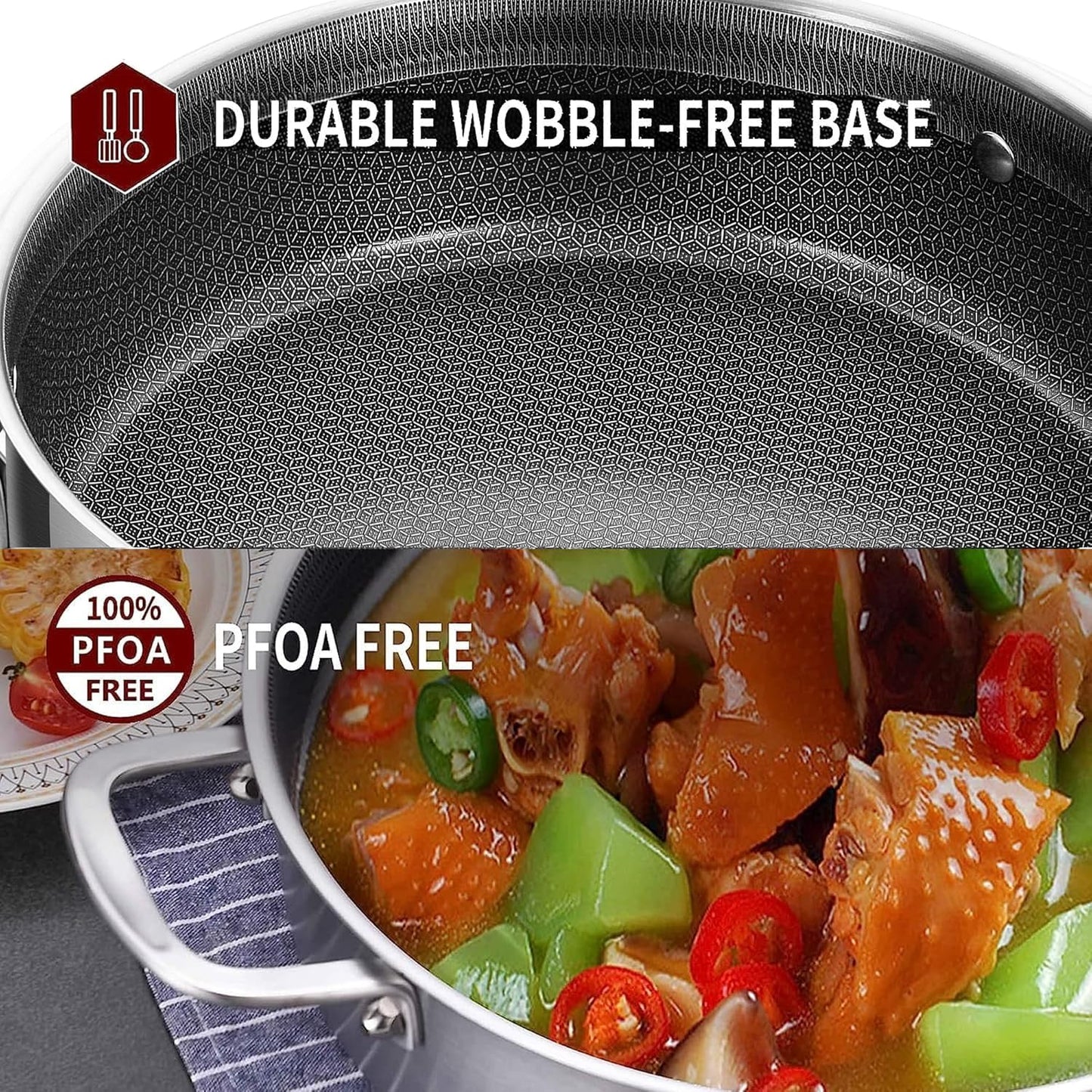LOLYKITCH 6 QT Hybrid Tri-Ply Stainless Steel Non-Stick Sauté Pan with Lid,12 Inch Deep Frying Pan,Large Skillet,Jumbo Cooker,Induction Pan, Oven Safe and Detachable Handle.