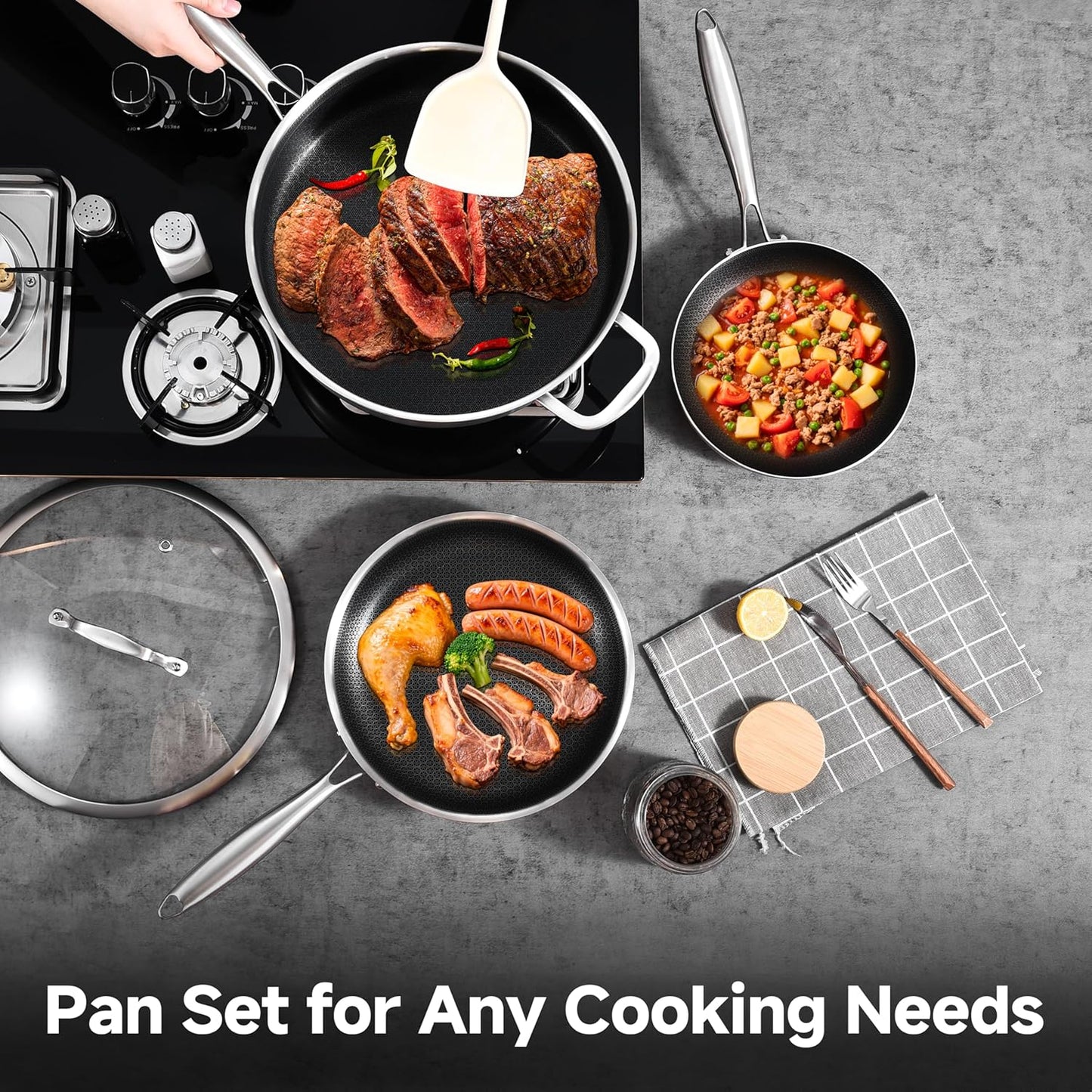 LOLYKITCH 6 QT Hybrid Tri-Ply Stainless Steel Non Stick Sauté Pan with Lid and 8-10 Inch Frying Pan,Induction Cooking Pan Set, Oven Safe and Detachable Handle