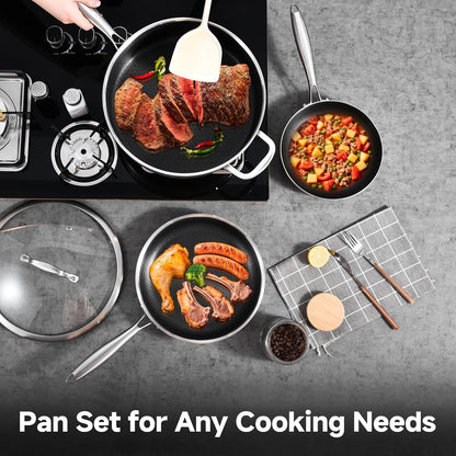 LOLYKITCH 6 QT Hybrid Tri-Ply Stainless Steel Non Stick Sauté Pan with Lid and 8-10 Inch Frying Pan,Induction Cooking Pan Set, Oven Safe and Detachable Handle