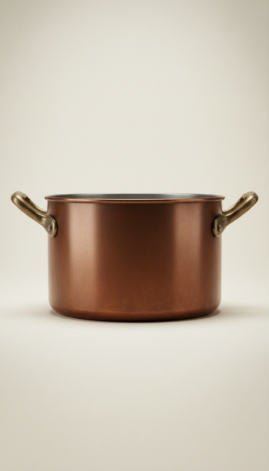 Copper stockpot with burnished finish