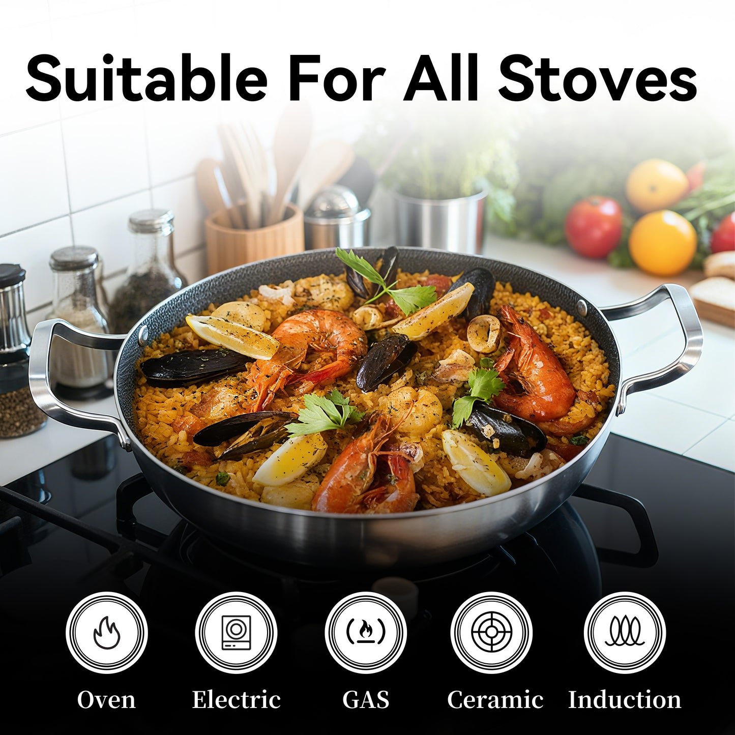 Bzayeat 14 Inch Stainless Steel Paella Pan, Nonstick Ceramic Coating & Induction Compatible Large Skillet, Jumbo Cooker for Spanish Rice, Seafood Paella, Authentic Paella, Socarrat, Oven Safe, 5-8 Servings