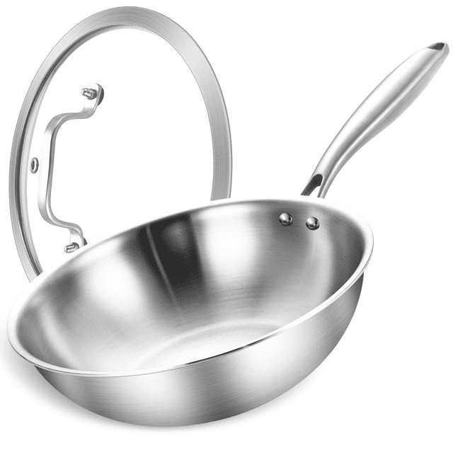 LOLYKITCH 10 Inch Tri-ply Stainless Steel Wok Pan with Lid,Skillet,Induction Stri-frying Pan,Dishwasher and Oven Safe.(Rivet Handle)