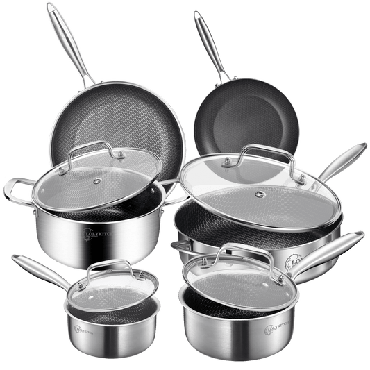 LOLYKITCH 10 Piece Tri-ply Stainless Steel Hybrid Non-stick Kitchen Cookware Set,Pots and Pans Set,Induction Cookware,Dishwasher and Oven Safe.