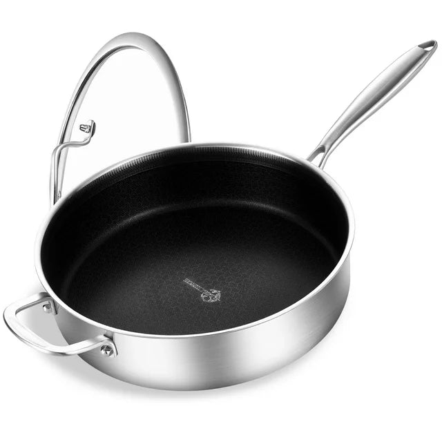 LOLYKITCH 6 QT Tri-Ply Stainless Steel Non-stick Sauté Pan with Lid,12 Inch Deep Frying pan,Large Skillet,Jumbo Cooker,Induction Pan,Dishwasher and Oven Safe.(Removable Handle)