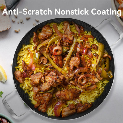 Bzayeat 14 Inch Stainless Steel Paella Pan, Nonstick Ceramic Coating & Induction Compatible Large Skillet, Jumbo Cooker for Spanish Rice, Seafood Paella, Authentic Paella, Socarrat, Oven Safe, 5-8 Servings