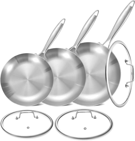 LOLYKITCH 8.5-10-12 Inch Tri-Ply Stainless Steel Frying Pan Set with Lids,Skillets,Induction Cooking Pans,Dishwasher and Oven Safe,Detachable Handle