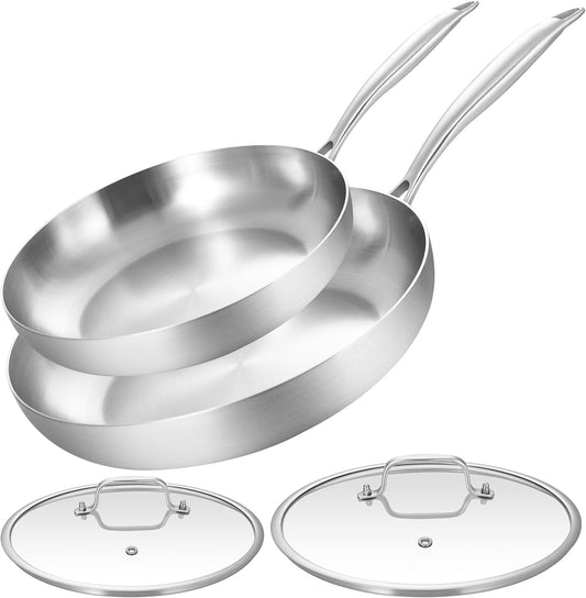 LOLYKITCH 10-12 Inch Tri-ply Stainless Steel Frying Pan Set with Lids,Skillets,Induction Cookware Set,Dishwasher and Oven Safe,Detachable Handle