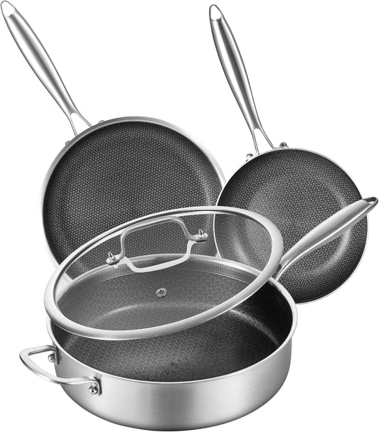 LOLYKITCH 6 QT Hybrid Tri-Ply Stainless Steel Non Stick Sauté Pan with Lid and 8-10 Inch Frying Pan,Induction Cooking Pan Set, Oven Safe and Detachable Handle