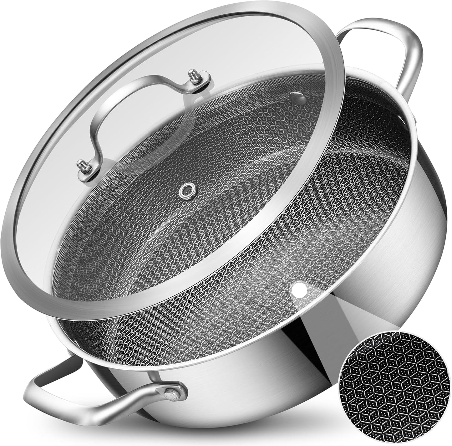 LOLYKITCH 5 QT Hybrid Ceramic Non Stick Tri-Ply Stainless Steel Sauté Pan with Lid,12 Inch Jumbo Cooker,PFOA & PFOS Free,Induction Cooking Pot, Dishwasher and Oven Safe