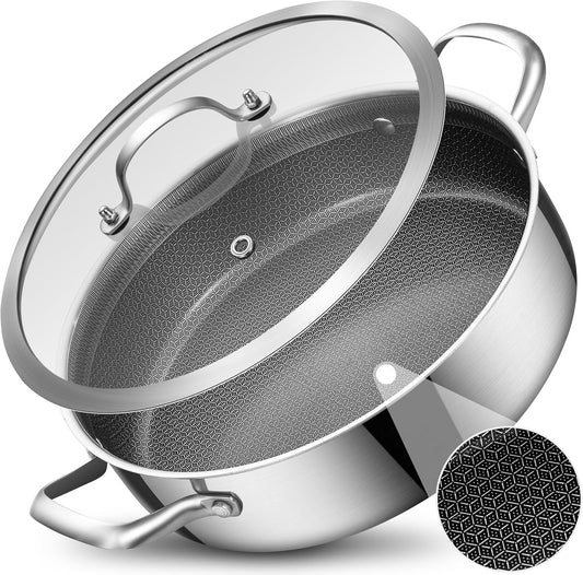 LOLYKITCH 5 QT Hybrid Ceramic Non Stick Tri-Ply Stainless Steel Sauté Pan with Lid,12 Inch Jumbo Cooker,PFOA & PFOS Free,Induction Cooking Pot, Dishwasher and Oven Safe