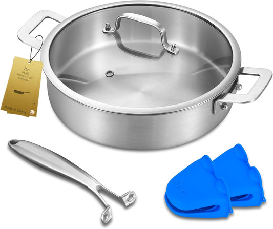 LOLYKITCH Sauté Pan, 7 QT Tri-Ply Stainless Steel Deep Cooking Pot, 12 Inch Everyday Pan with Lid, Large Induction Frying Skillet Compatible with All Cooktops, Two Ergonomic Handles for Conversion