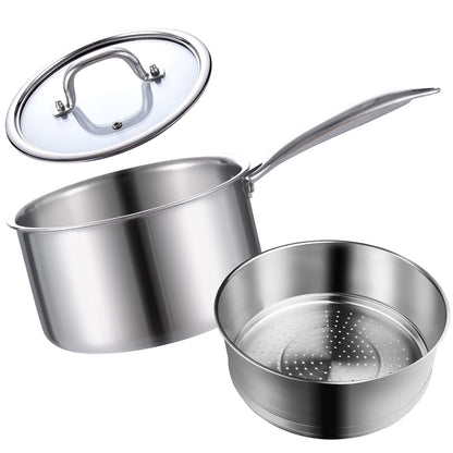 LOLYKITCH Tri-Ply Stainless Steel Saucepan with Tempered Glass Lid, Ergonomic Handel, Compatible with All Stove Tops Oven Safe