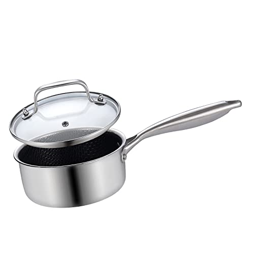 LOLYKITCH Tri-Ply Stainless Steel Saucepan with Glass Lid, Honeycomb Nonstick with Ergonomic Handle, Multipurpose Sauce Pan with Lid, Sauce Pot