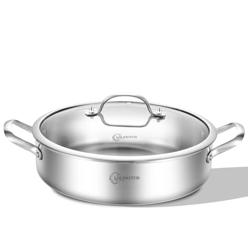 LOLYKITCH 7 Quarts Tri-Ply Stainless Steel Sauté Pan with Lid,12 Inch Deep Frying Pan,Large Skillet,Jumbo Cooker,Induction Pot,Dishwasher and Oven Safe.