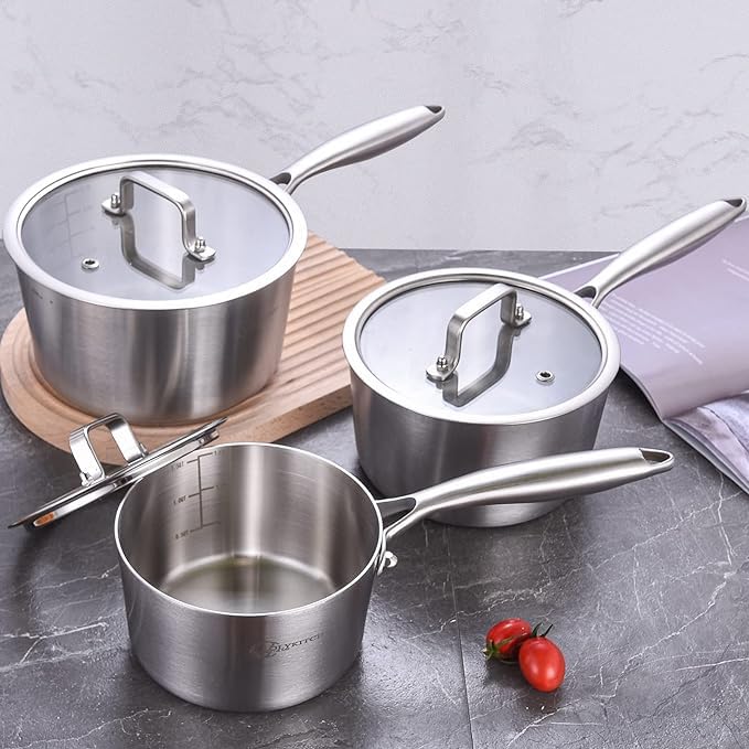 LOLYKITCH Whole Body Tri-Ply Stainless Steel Saucepan Set with Lids,1QT & 2QT,Induction Cooking Pot,Saucepans,Pots and Pans Set,Oven and Dishwasher Safe.