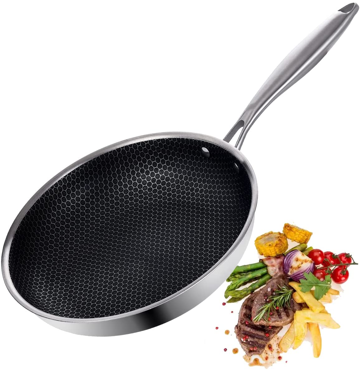 LOLYKITCH Stainless Steel Frying Pan Honeycomb Anti-Scratch Oven & Metal Utensil Safe Pan Compatible with Induction Stoves, Gas Stoves, Ceramic Stoves, Electric Stoves